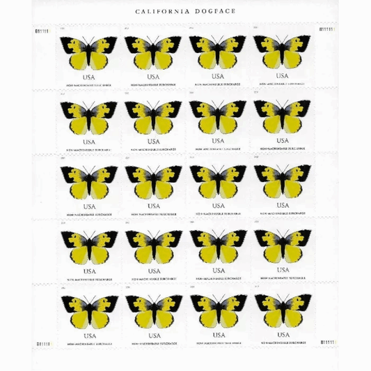 2019 US California Dogface Butterfly Sheet of Twenty Non Machinable Forever Postage Stamp - Forever