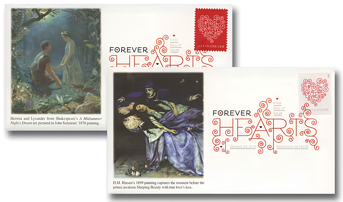 2015 Forever Heart stamps on two commemorative envelopes