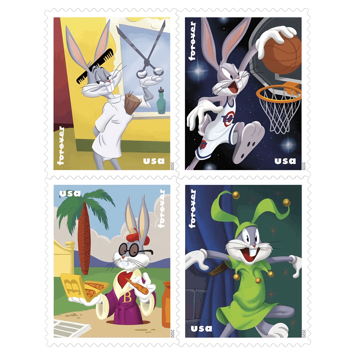 Four Bugs Bunny Forever stamp designs