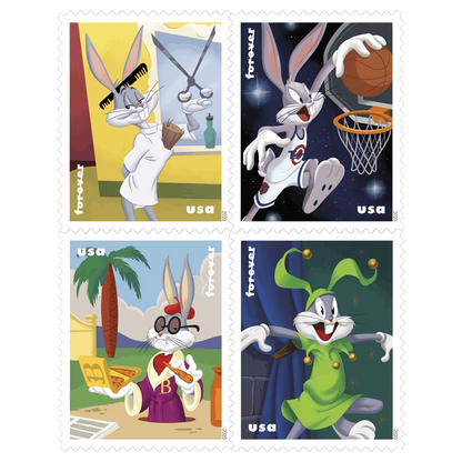 Four Bugs Bunny Forever stamp designs