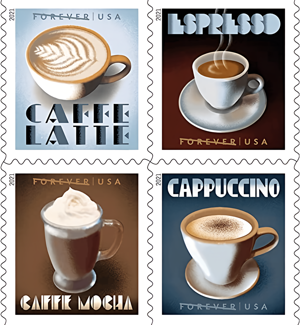 Four 2021 Coffee Forever stamp designs