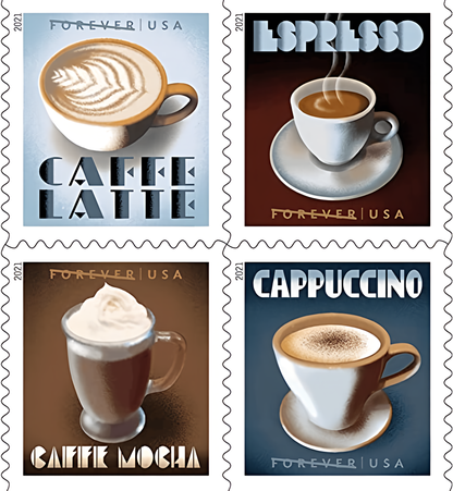 Four 2021 Coffee Forever stamp designs