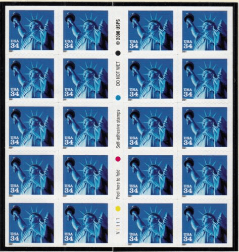 2001 Statue of Liberty Sc 3485b MINT 34c booklet pane of 20 plate number V1111 (10 Book) - Forever