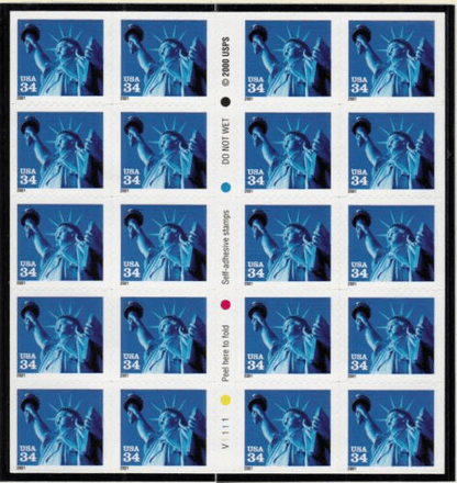 2001 Statue of Liberty Sc 3485b MINT 34c booklet pane of 20 plate number V1111 (10 Book) - Forever
