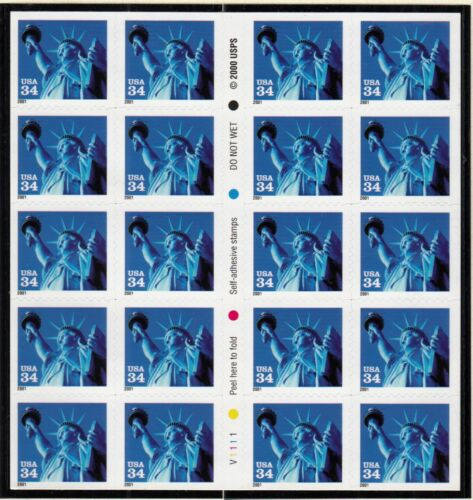 2001 Statue of Liberty Sc 3485b MINT 34c booklet pane of 20 plate number V1111 (10 Book)