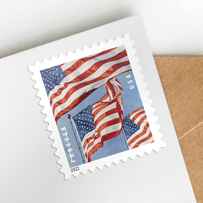 2022 U.S. Flag Forever stamp on an envelope close-up