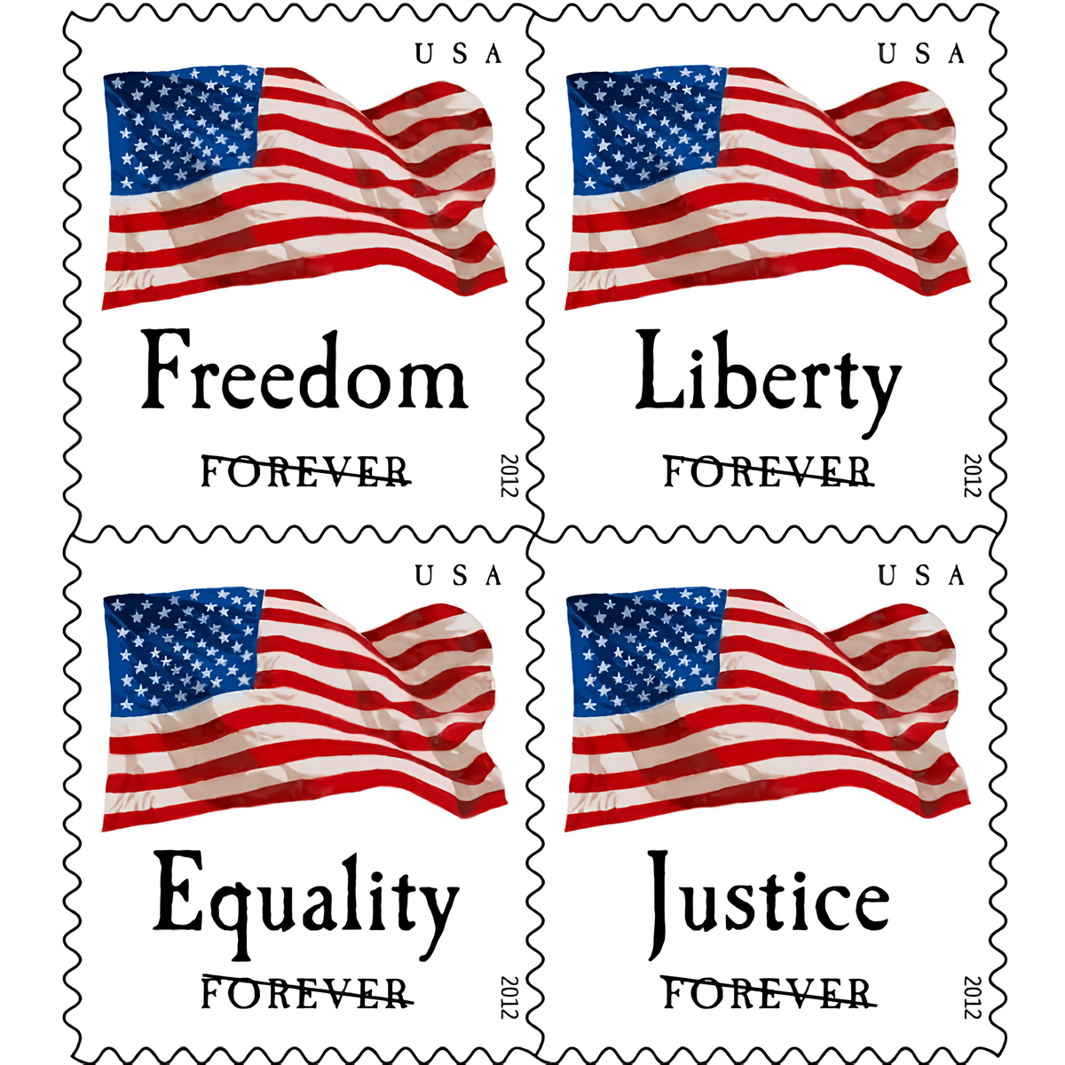 2012 Four Flags stamps reading Freedom, Liberty, Equality and Justice