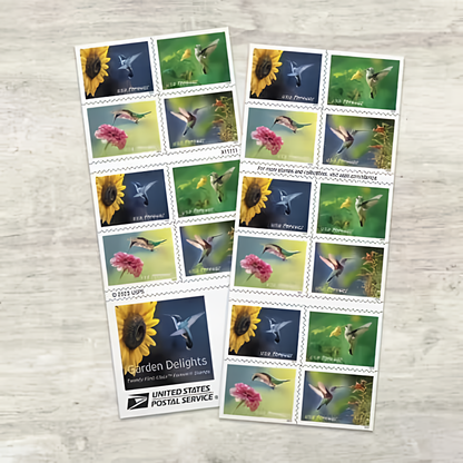 2024 Garden Delights stamp panes on a wood surface