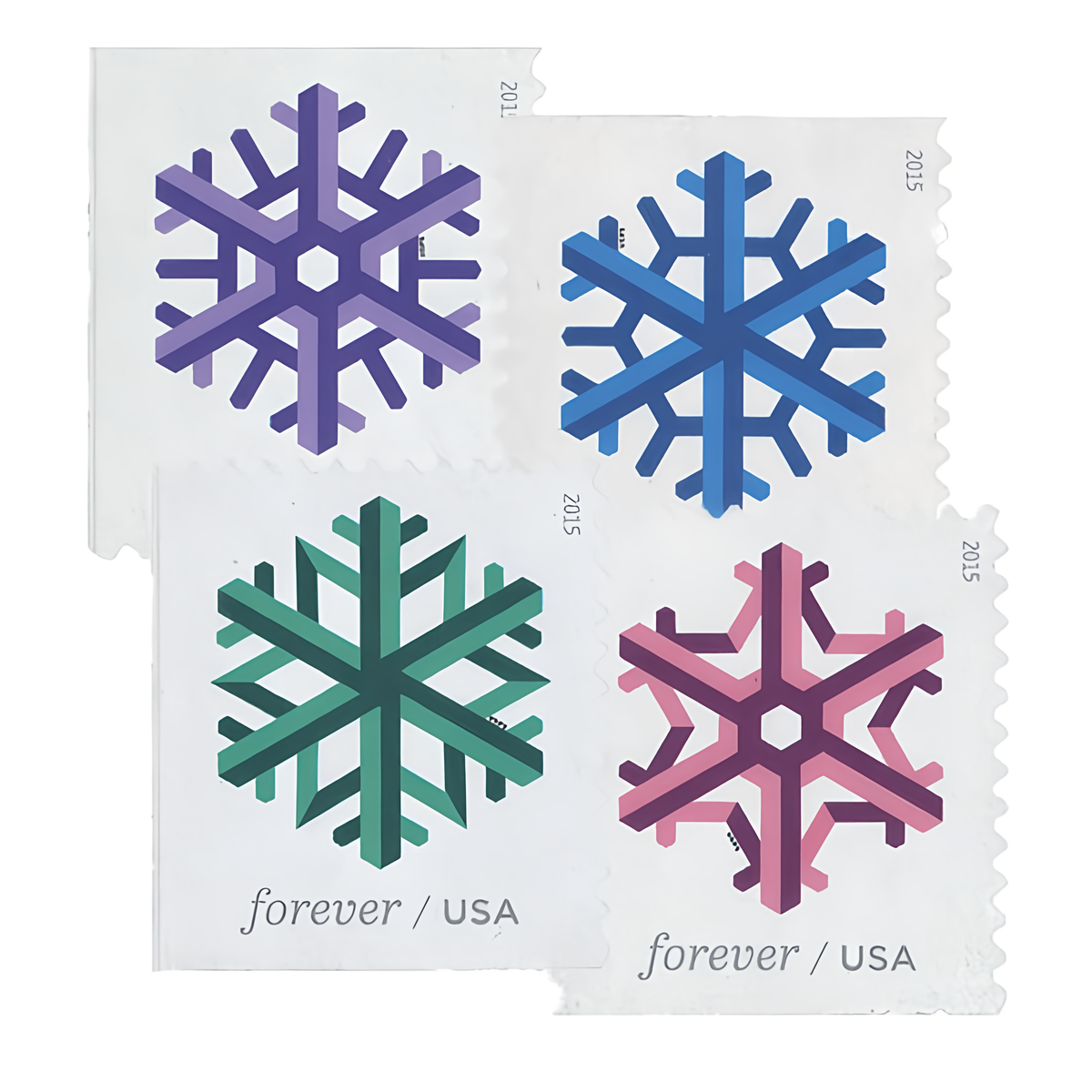 Four Geometric Snowflakes Forever stamp designs