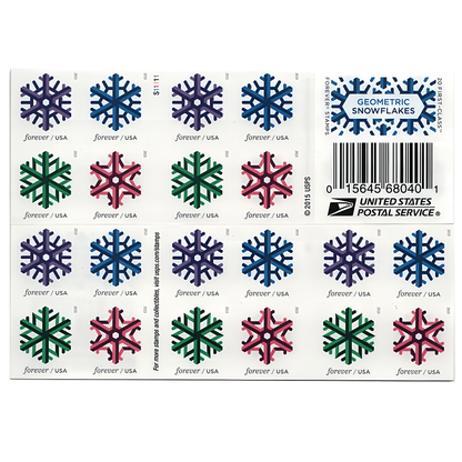 Geometric Snowflakes stamp booklet pane and cover