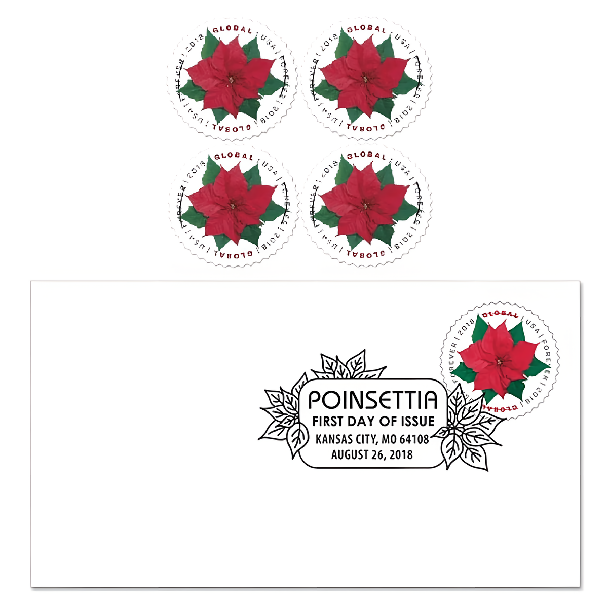 Global Poinsettia stamps and a first-day-of-issue envelope