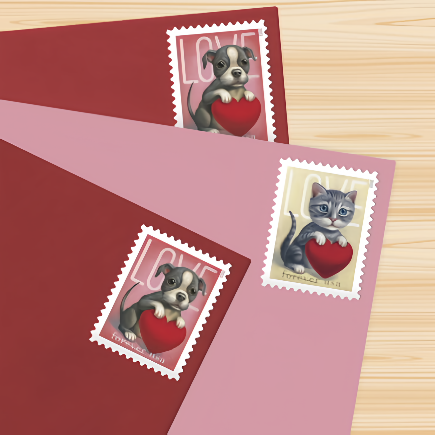 2023 Love Cat and Dog stamps on red and pink envelopes