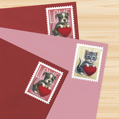 2023 Love Cat and Dog stamps on red and pink envelopes