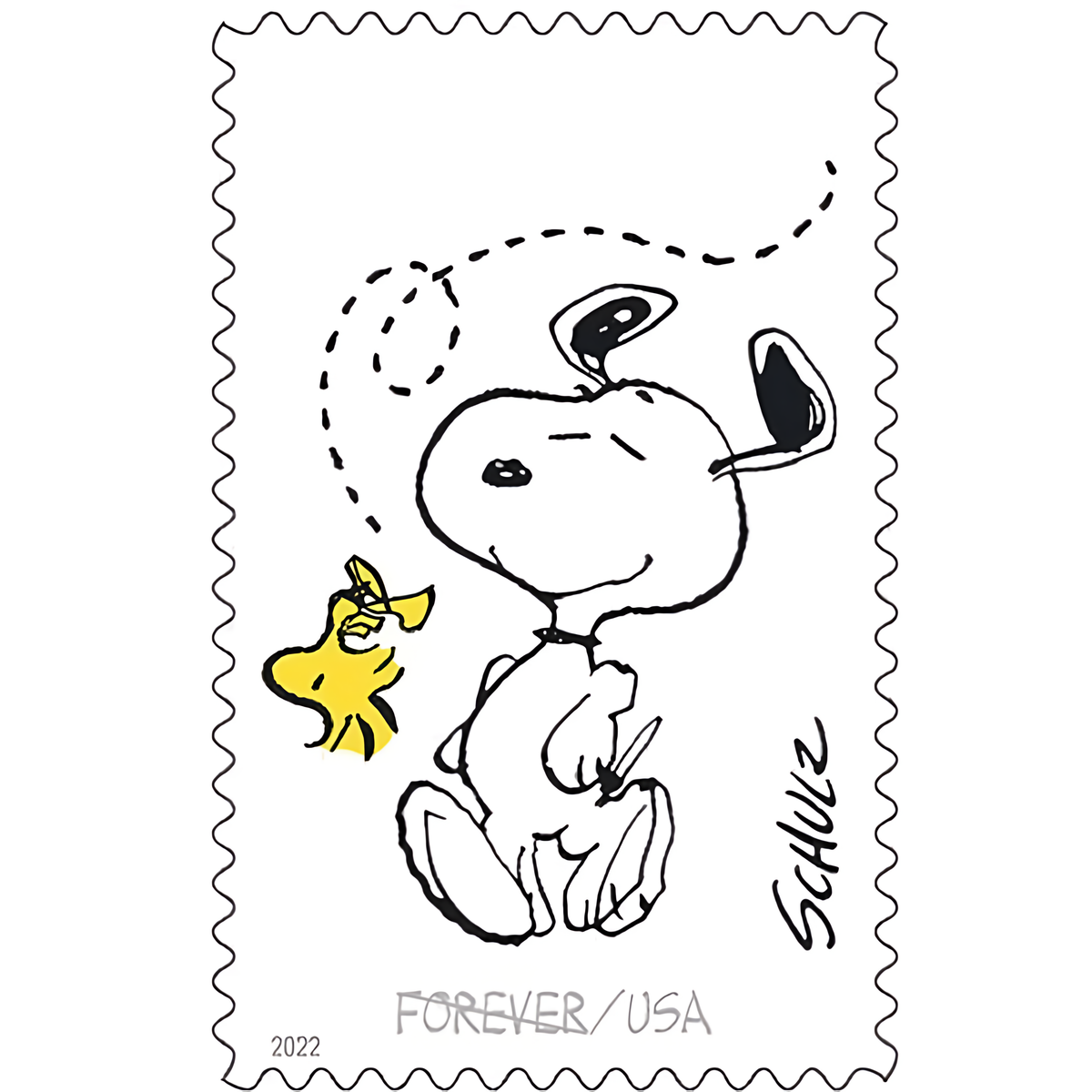 2022 Snoopy and Woodstock Forever stamp close-up