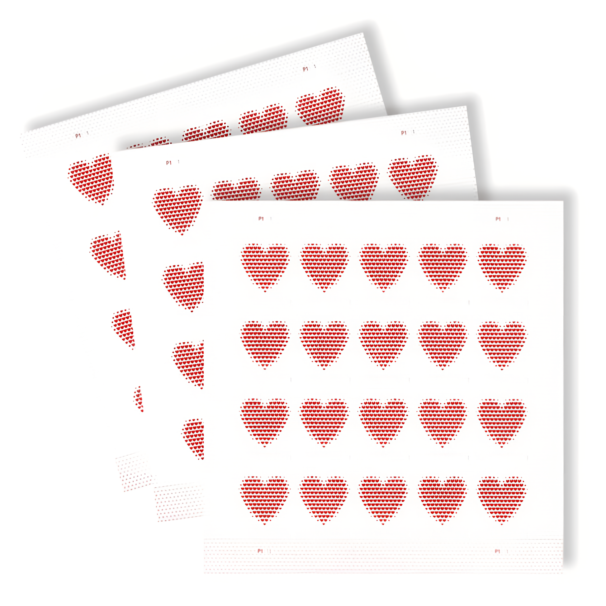 Three sheets of Made of Hearts postage stamps
