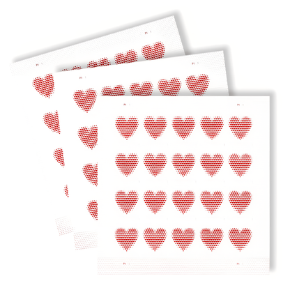 Three sheets of Made of Hearts postage stamps