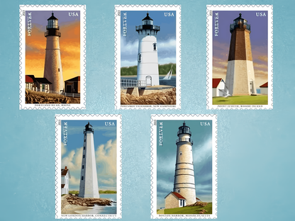 Five 2021 Mid-Atlantic Lighthouse stamp designs