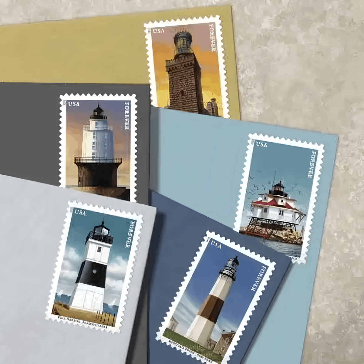 2021 Mid-Atlantic Lighthouse stamps on colored cards