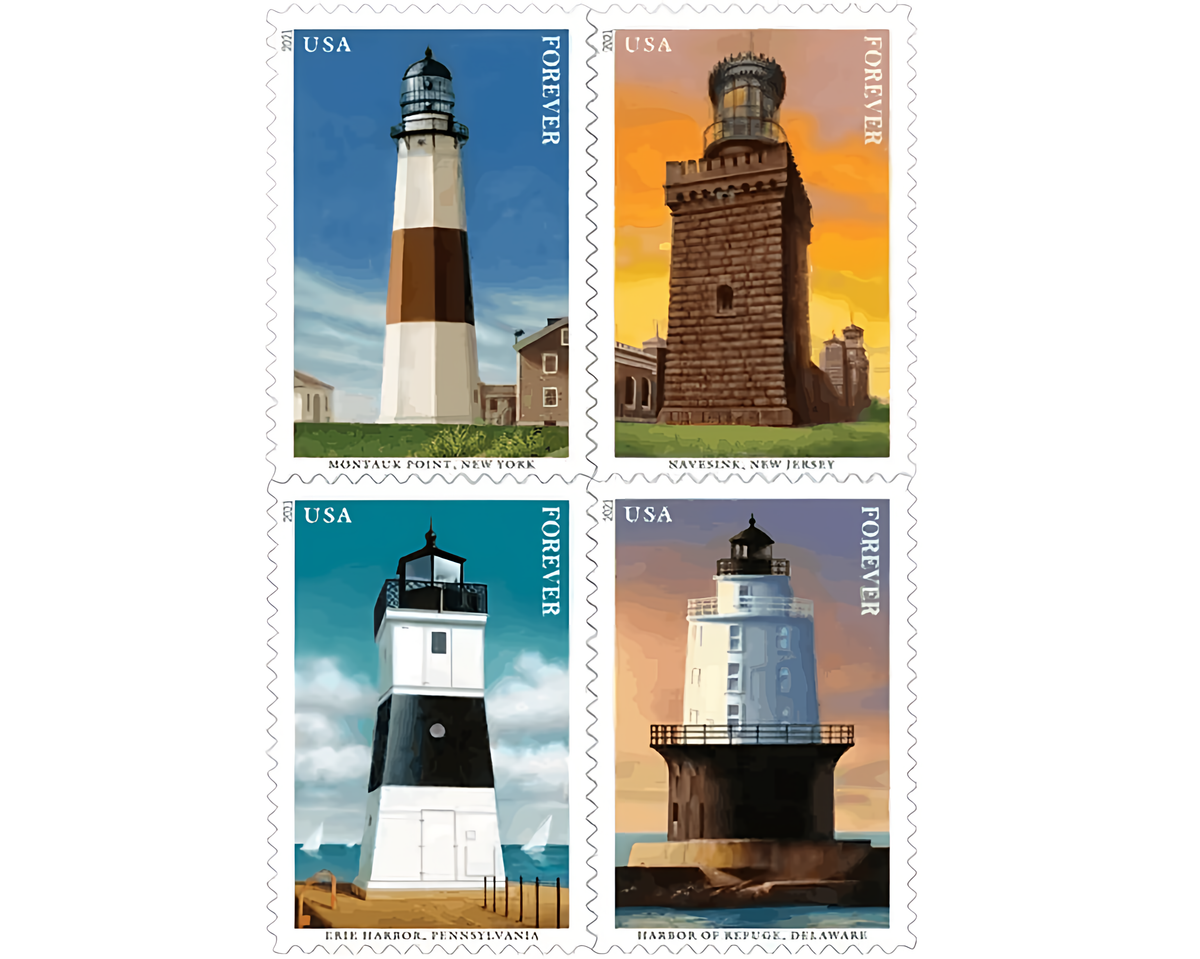Four 2021 Mid-Atlantic Lighthouse stamp designs
