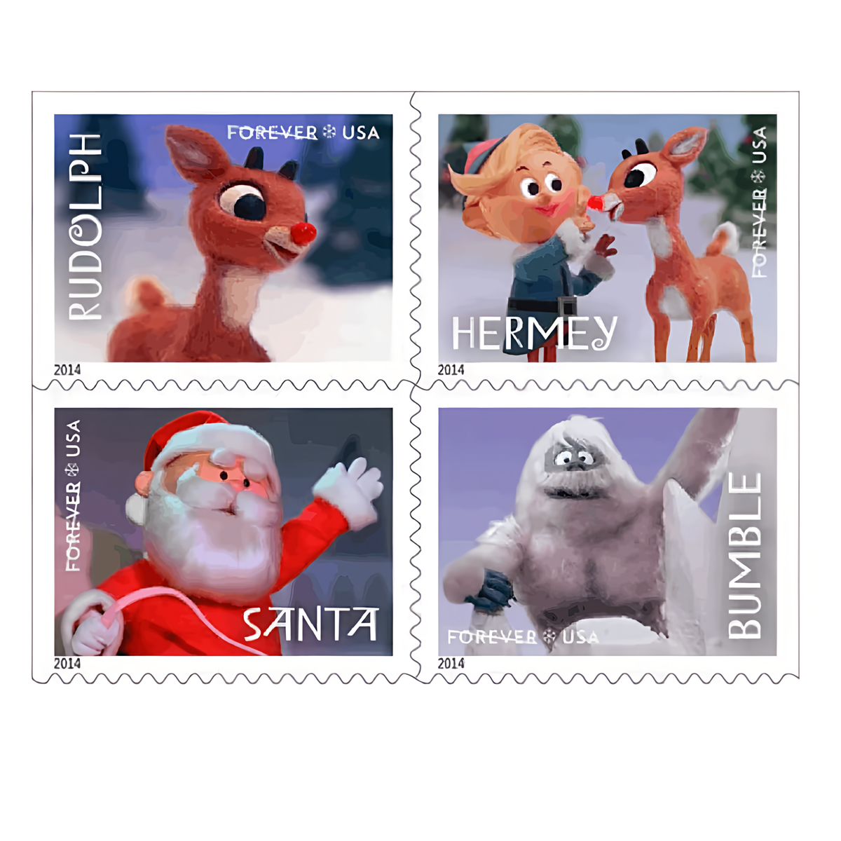 Four 2014 Rudolph the Red-Nosed Reindeer stamp designs