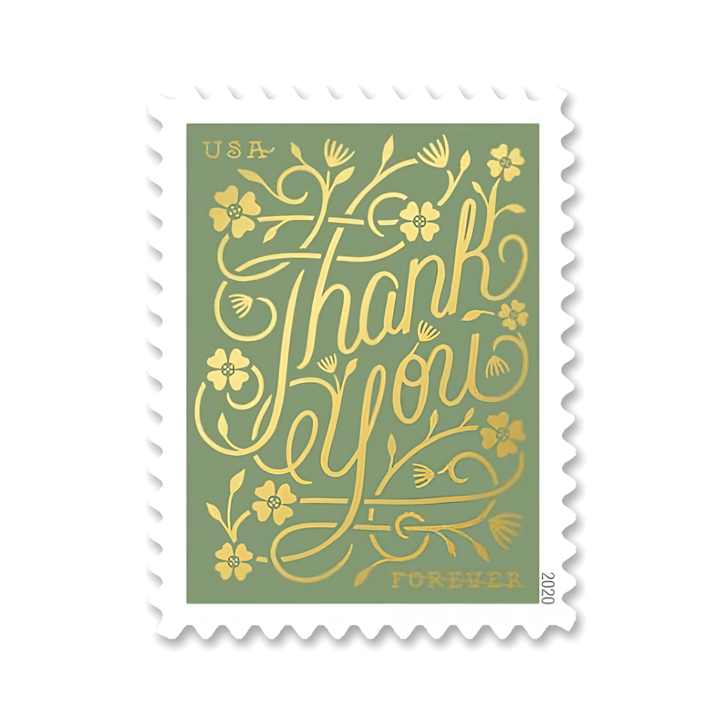 Green 2020 Thank You Forever stamp close-up