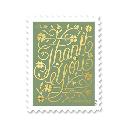 Green 2020 Thank You Forever stamp close-up