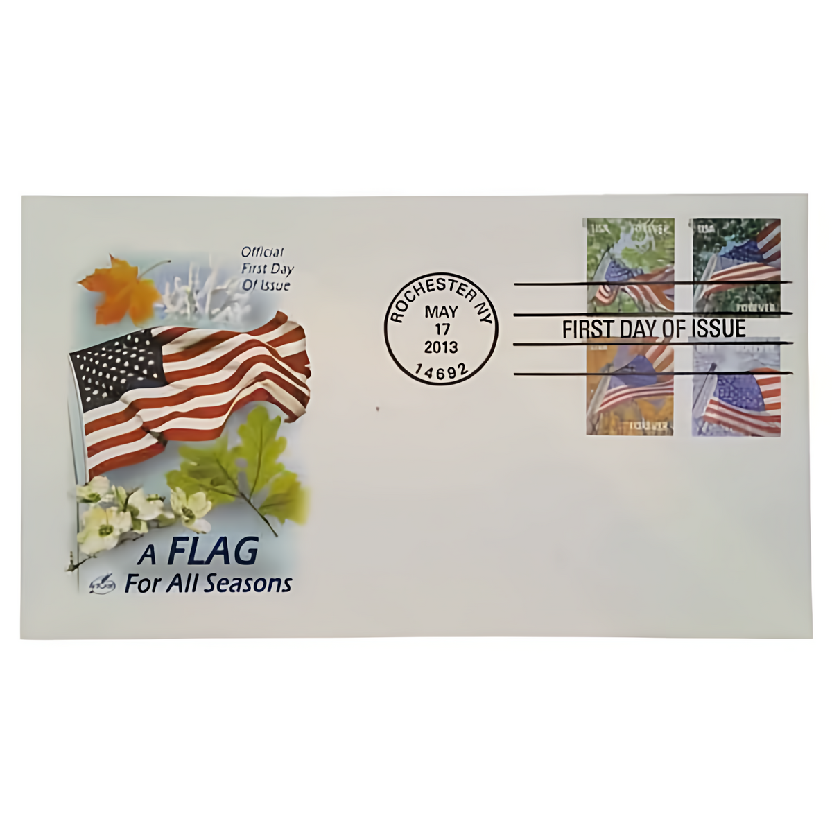 Flags for All Seasons stamps on a first-day-of-issue envelope