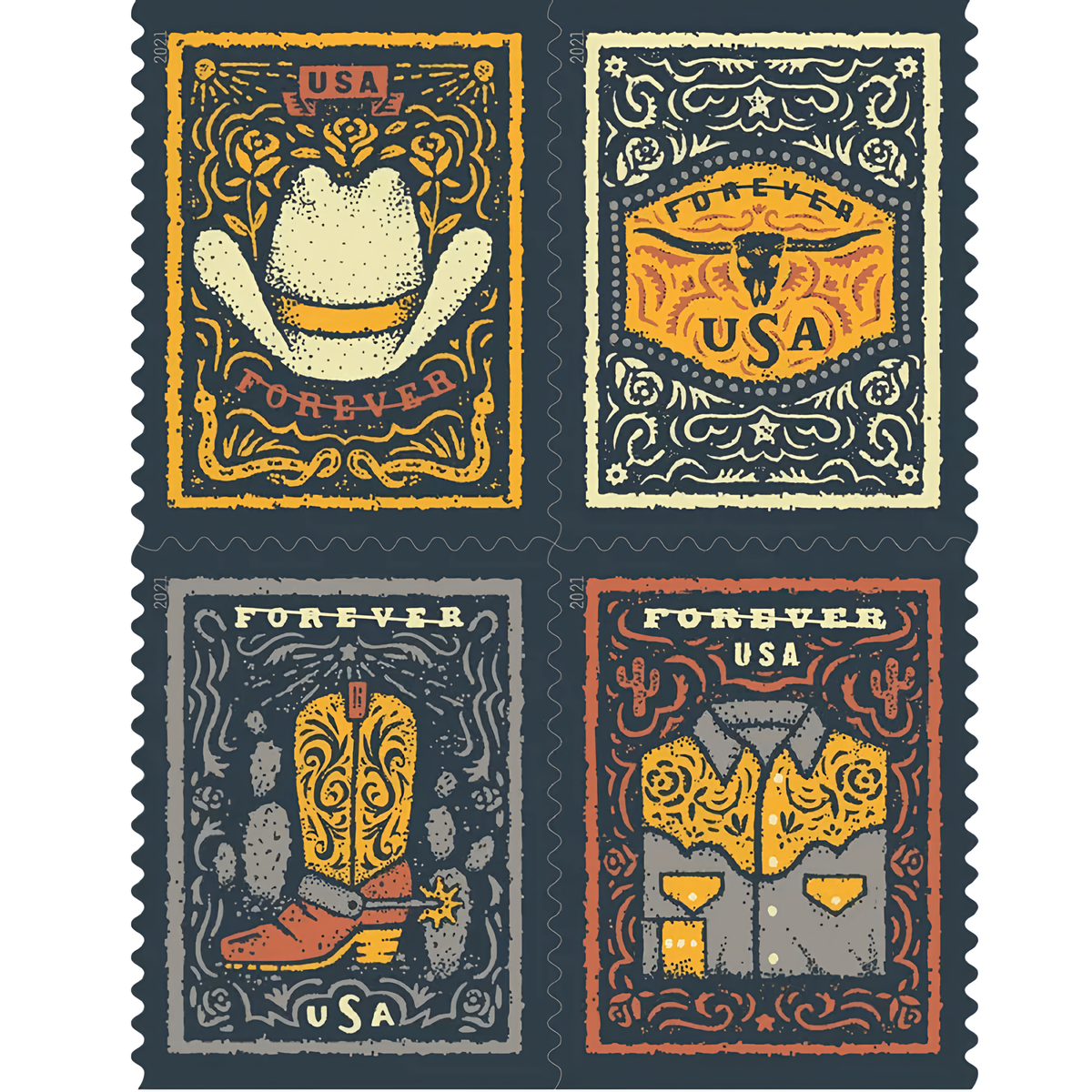Four 2021 Western Wear stamp designs